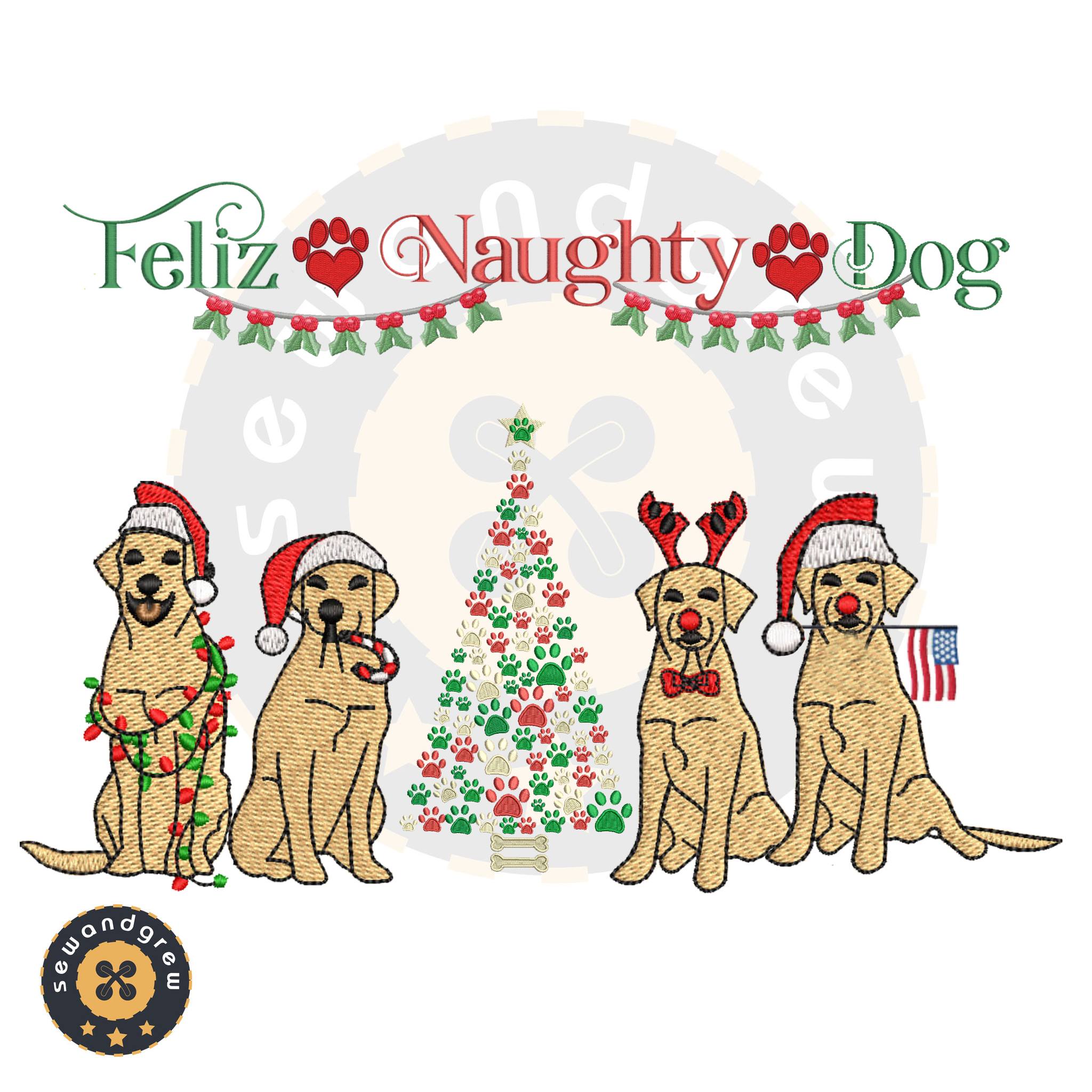 FELIZ NAUGHTY DOGS EMBROIDERY DESIGN